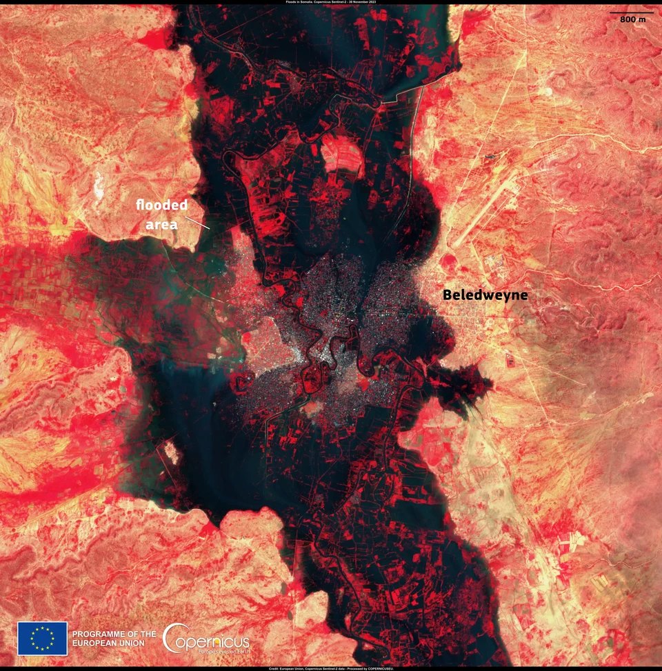 False-colour satellite image of Beledweyne, Somalia, on 30 November 2023, with the flooded areas dark around the city