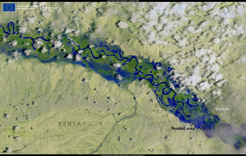 Satellite image of the Tana River in flood near Garissa, Kenya, on 11 November 2023