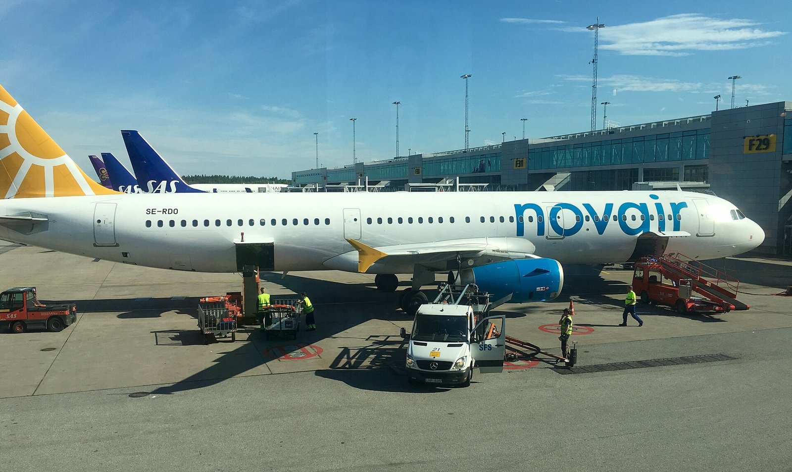A Novair passenger aircraft on the apron at Stockholm Arlanda airport